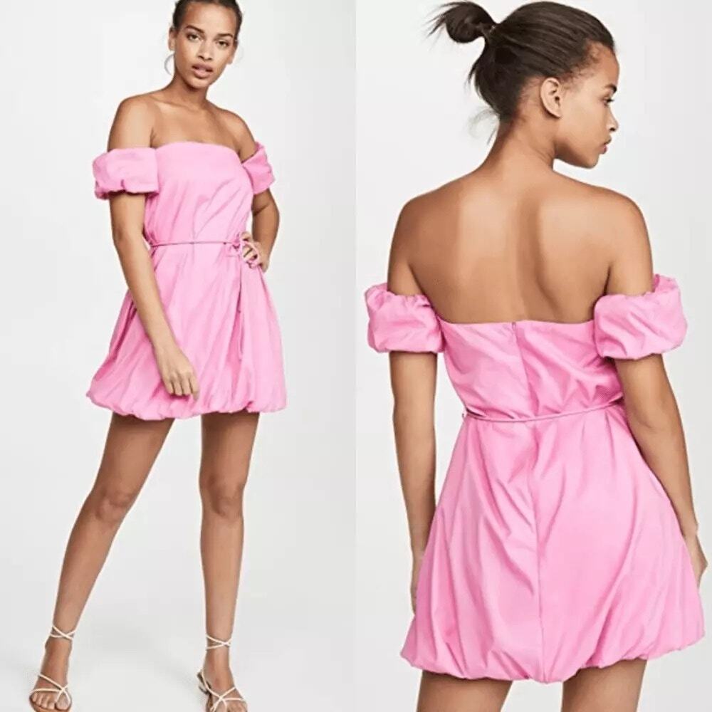 NWT Staud Ash Off Shoulder Gathered Shell Puff Sleeve Self-Tie Pink Mini Dress